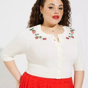 Torrid RetroChic Cream Short Sleeve Strawberry Embroidered Cardigan